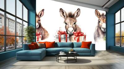 poster cute donkey with christmas gift watercolor ai generated Wall mural