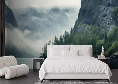 tourism misty fjord views illustration outdoor scenery, view water, forest green tourism misty fjord views Wall mural