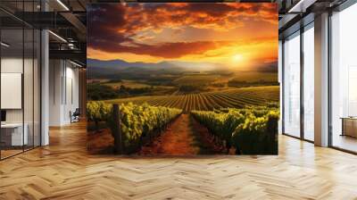 vineyard scenic sunset sun landscape illustration wine field, agriculture nature, green growing vineyard scenic sunset sun landscape Wall mural