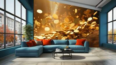 win gold coin explosion illustration en treasure, realistic game, shiny currency win gold coin explosion Wall mural