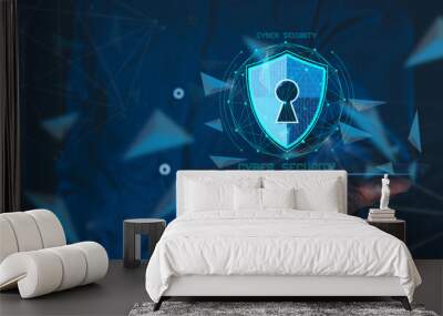 Data or network protection, business people press shield icon, virus security. Data protection and insurance Business security concepts, information security against virus. binary number 1010. Wall mural