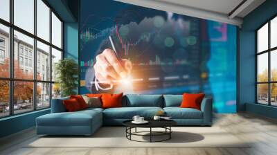 Money businessman touch virtual screen screen displaying a cryptocurrency featuring stock tickers or graphs. Stock trading platform concept. professional financial. Stock market data candlesticks. Wall mural