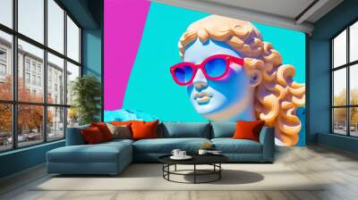 Aphrodite of Knidos sculpture wearing a colorful sunglasses on party colored background from generative AI Wall mural