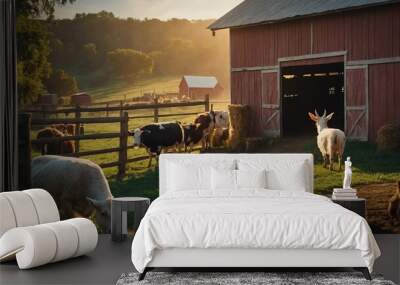 barnyard scene with various animals background farm concept backdrop Wall mural