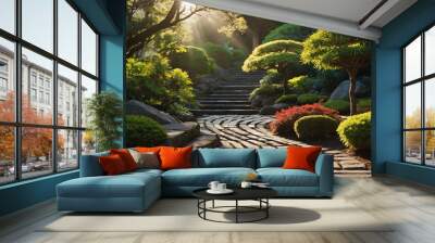 Beautiful japanese garden with a bricks walkway winding its way through at morning with sunlight rays from Generative AI Wall mural