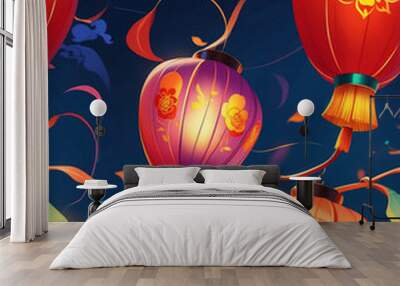 Chinese lanterns with flowing lines seamless design pattern Wall mural