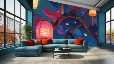 Chinese lanterns with flowing lines seamless design pattern Wall mural