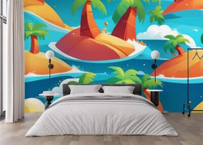 Coconut trees and beach waves seamless design pattern wallpaper Wall mural