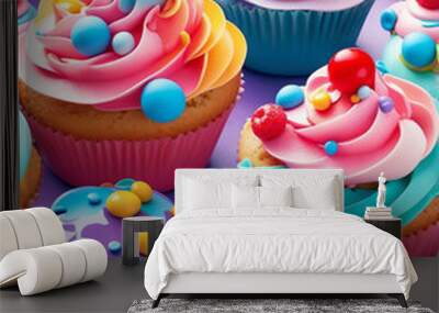 Colorful cupcakes with decorative frosting seamless design pattern wallpaper Wall mural