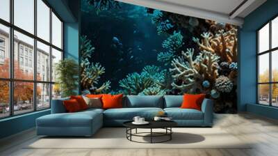 coral colonies forming intricate structures deep underwater background  Wall mural