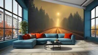 Dark scary empty road at night with thick yellow smog on the middle of forest from Generative AI Wall mural