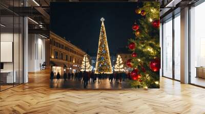 Decorated holiday tree in city square background Wall mural