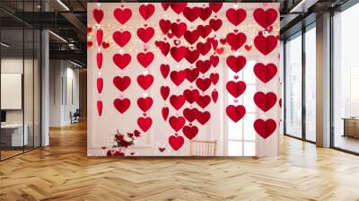 Decorative heart garlands hanging in a romantic setting background charming accents creating a festive atmosphere filled with love and celebration Wall mural