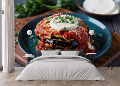 Eggplant parmesan with vegan mozzarella closeup Wall mural