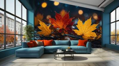 Fall leaves with glowing stars abstract background Wall mural