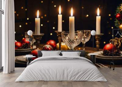 Festive holiday table with glowing candles background Wall mural