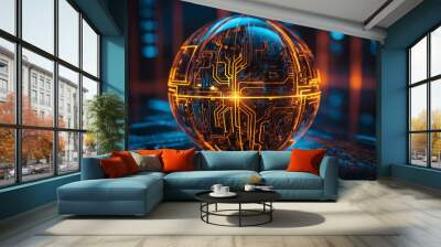 Glowing tech sphere with circuits abstract background Wall mural