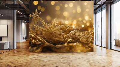 Golden snowflakes shimmering mist abstract background Wall mural