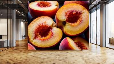 Halved peaches with juicy orange flesh closeup Wall mural