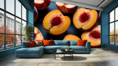 Halved peaches with juicy orange flesh closeup Wall mural