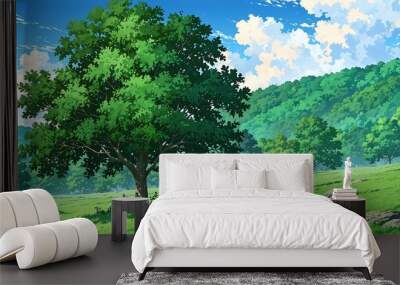 hills with scattered trees green sky background design cartoon anime illustration Wall mural