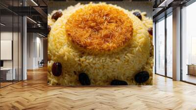 Iranian saffron rice with golden crust and raisins closeup Wall mural