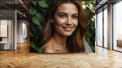 leaves background studio portrait of smiling caucasian pretty woman model with clear smooth skin Wall mural