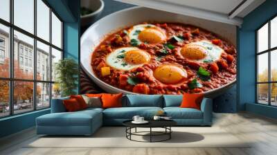 Libyan shakshuka eggs poached in spicy tomato sauce closeup Wall mural