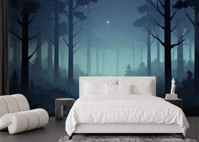 misty foggy forest in the night landscape flat cartoon style illustration design background copy space backdrop Wall mural