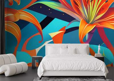 Orange lilies and geometric patterns seamless wallpaper design pattern Wall mural