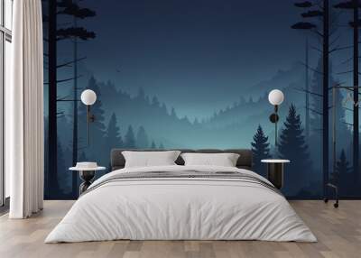 pine forest in thick fog night landscape flat cartoon style illustration design background copy space backdrop Wall mural