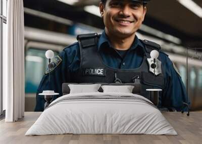 police officer subway train platform background smiling happy portrait with copy space Wall mural