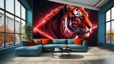 red theme tiger portrait with light trail effect futuristic particles background design backdrop Wall mural