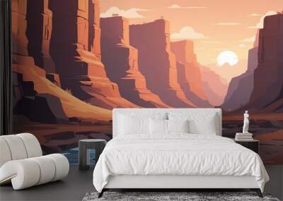 river in the deep canyon sunset landscape flat cartoon style illustration design background copy space backdrop Wall mural