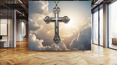 Silver cross in heavenly background of clouds symbol of faith, concept of spirituality from Generative AI Wall mural