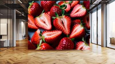 Sliced strawberries with juicy red seeds closeup Wall mural