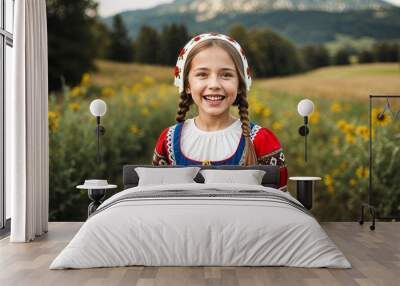 Slovenian girl in folk costume joyful expression portrait photo rural backdrop Wall mural