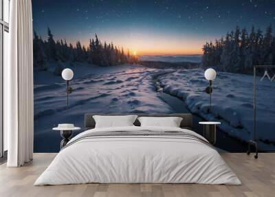 Snowy landscape glowing lights abstract background Wall mural