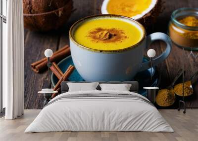 Turmeric latte with coconut milk and cinnamon closeup Wall mural