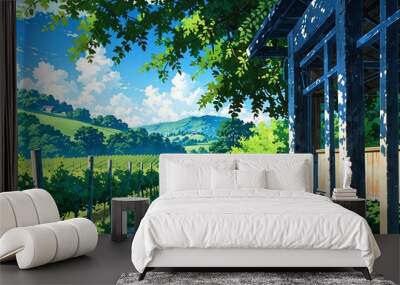 vineyard in the summer season background design cartoon anime illustration Wall mural