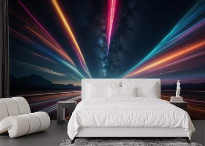 Warp speed colorful neon lights motion on the clouds in the sky at night from Generative AI Wall mural