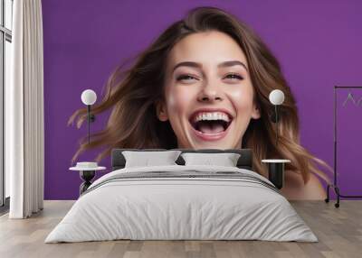 young caucasian woman on plain bright purple background laughing hysterically looking at camera background banner template ad marketing concept from Generative AI Wall mural