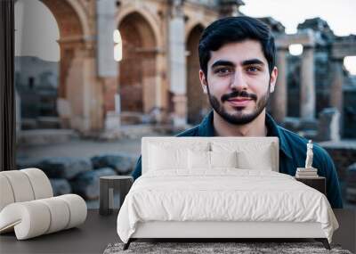 Young Iranian guy in casual attire calm expression portrait photo ancient ruins background Wall mural