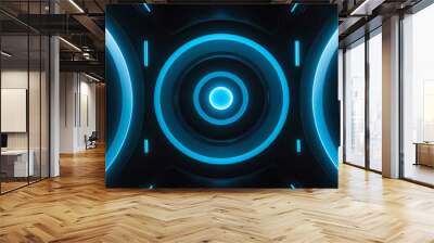 Abstract theme with glowing blue circular shapes on a futuristic black Wall mural