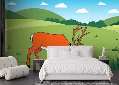 Cartoon deer grazing in a meadow with hills and clouds background Wall mural