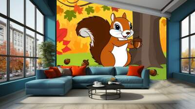 Cartoon squirrel gathering acorns with tree and autumn leaves background Wall mural