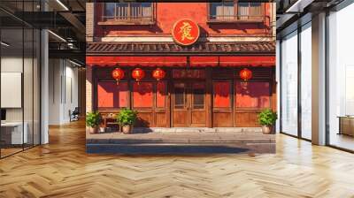 chinese restaurant facade in landscape anime cartoon illustration from Generative AI Wall mural