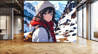 cute girl in winter mountain trail anime cartoon portrait from Generative AI Wall mural