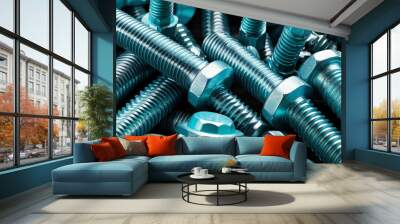 Cyan steel bolts with smooth pastel texture background Wall mural