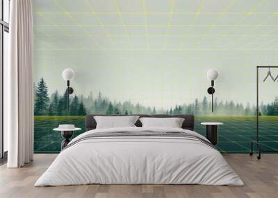 Digital forest landscape with soft yellow grid lines hologram projection on a gentle white background with copy space Wall mural